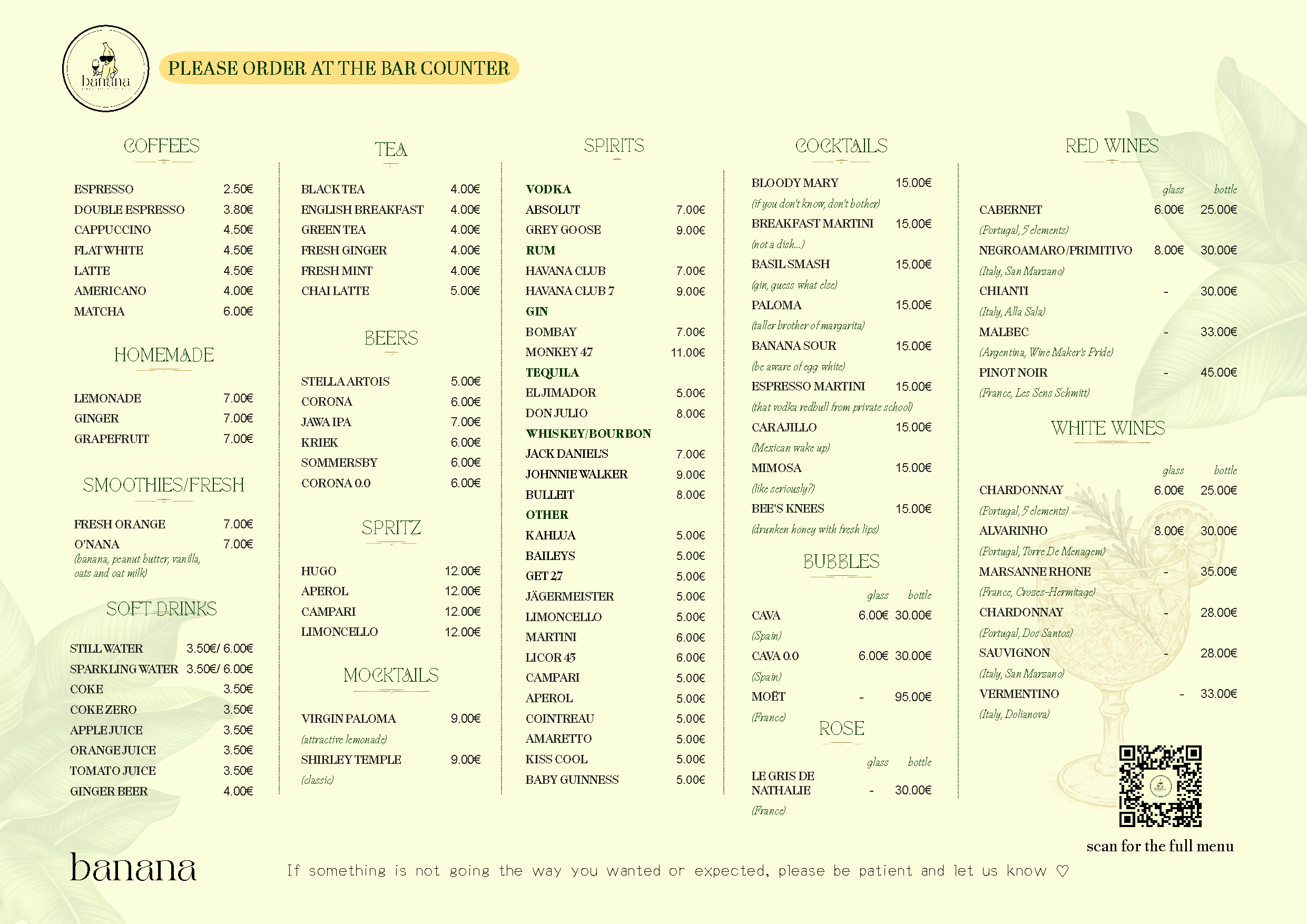 Drinks menu